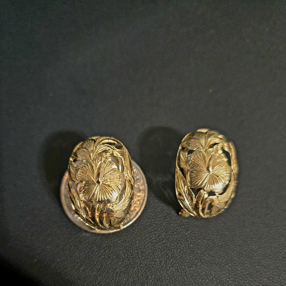 Gold Floral Clip-On Earrings - Picture 2 of 6